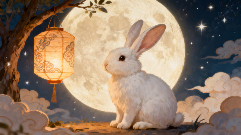 月夜兔子與燈籠靜謐溫馨-圖片