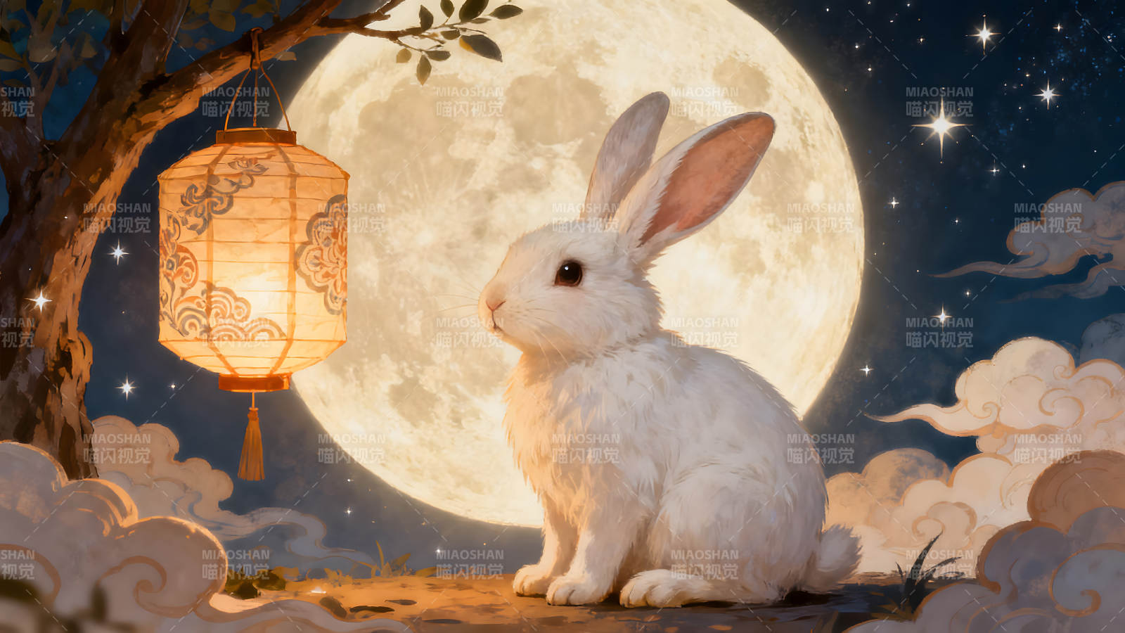 月夜兔子與燈籠靜謐溫馨-圖片