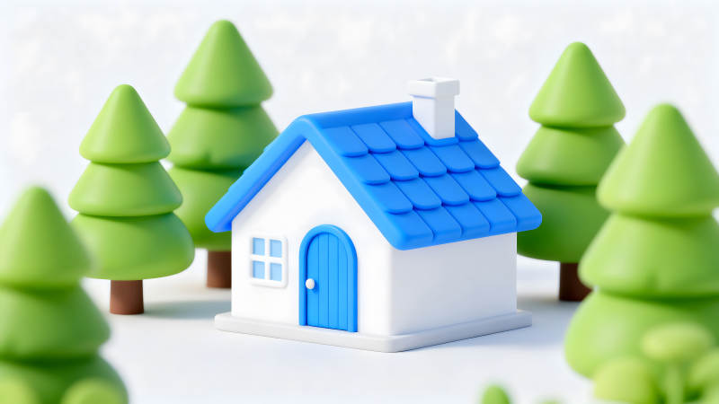 卡通小房子與綠色樹木的組合-圖片