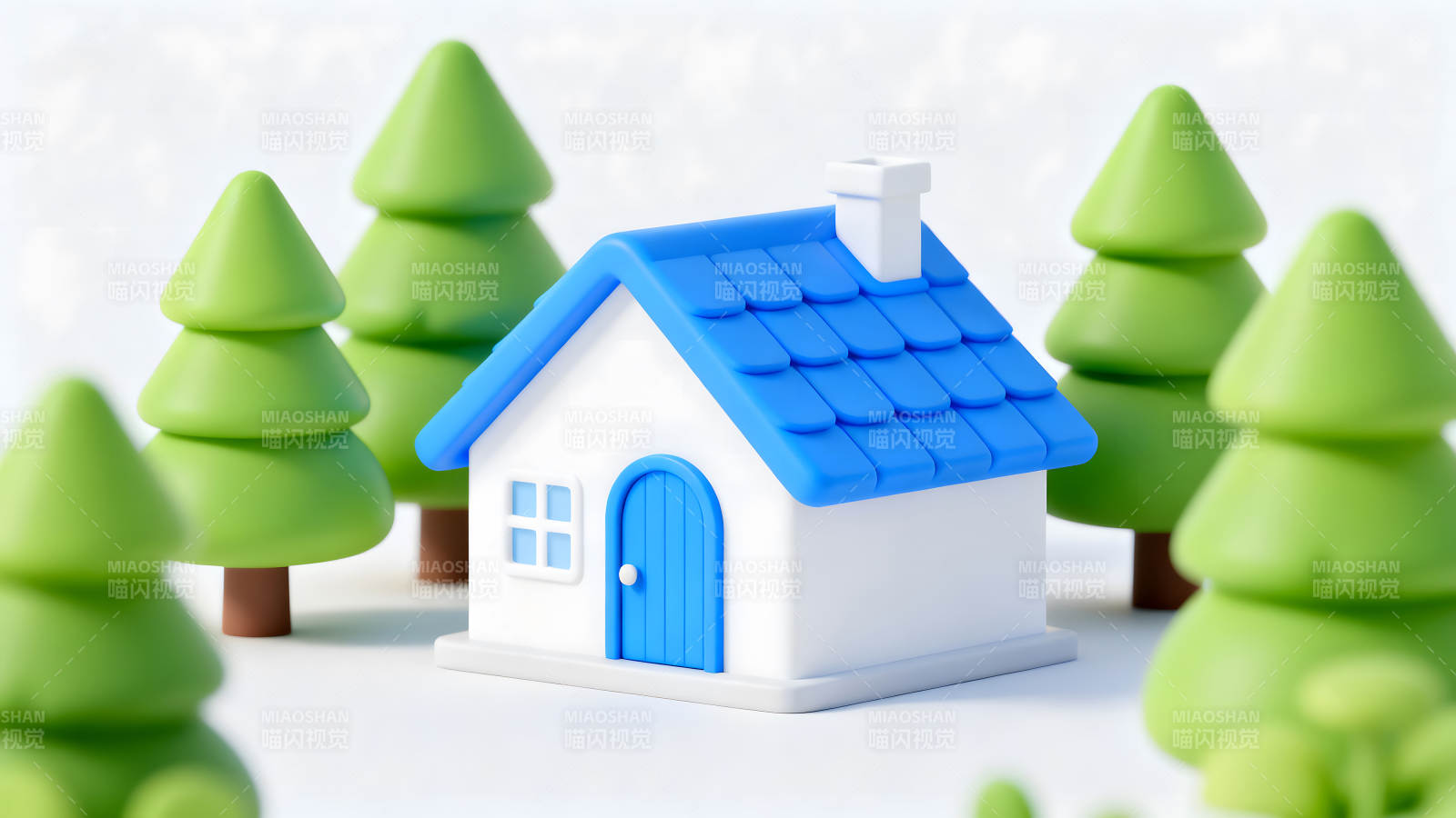卡通小房子与绿色树木的组合-图片