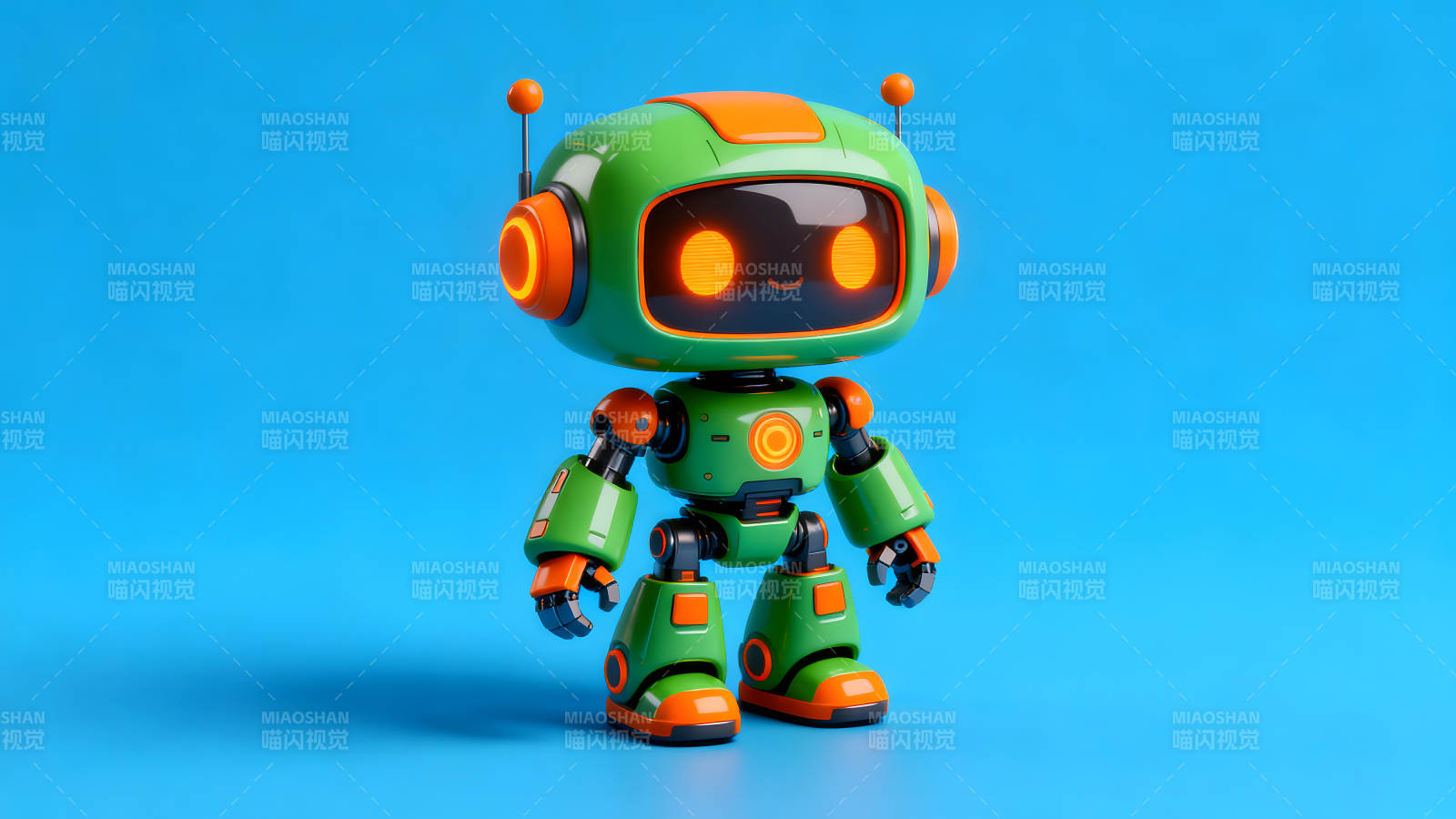 可爱机器人卡通形象绿色橙色背景图片