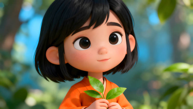 动画女孩手持树叶面带微笑-图片