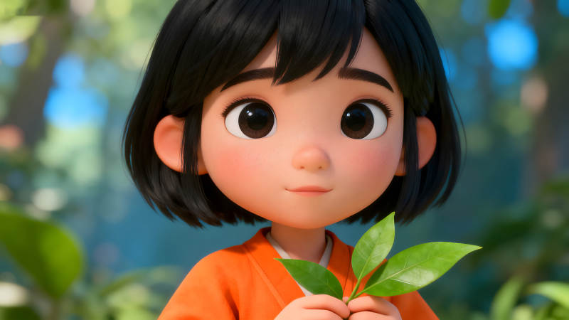 可爱女孩手持绿叶笑容甜美-图片