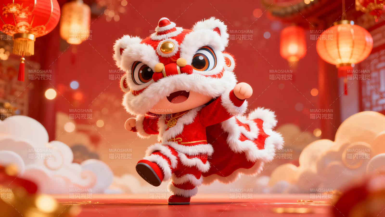 可愛舞獅迎新春喜慶氛圍-圖片