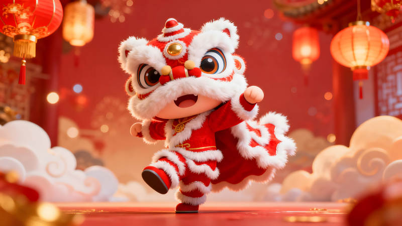 可愛舞獅迎新春喜慶氛圍-圖片