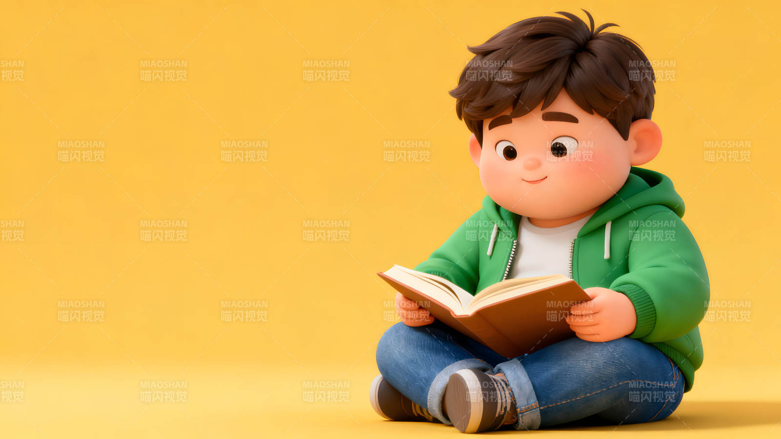 卡通男孩阅读书籍黄色背景图片