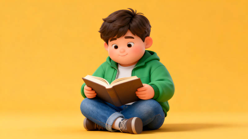 卡通男孩阅读书籍黄色背景-图片