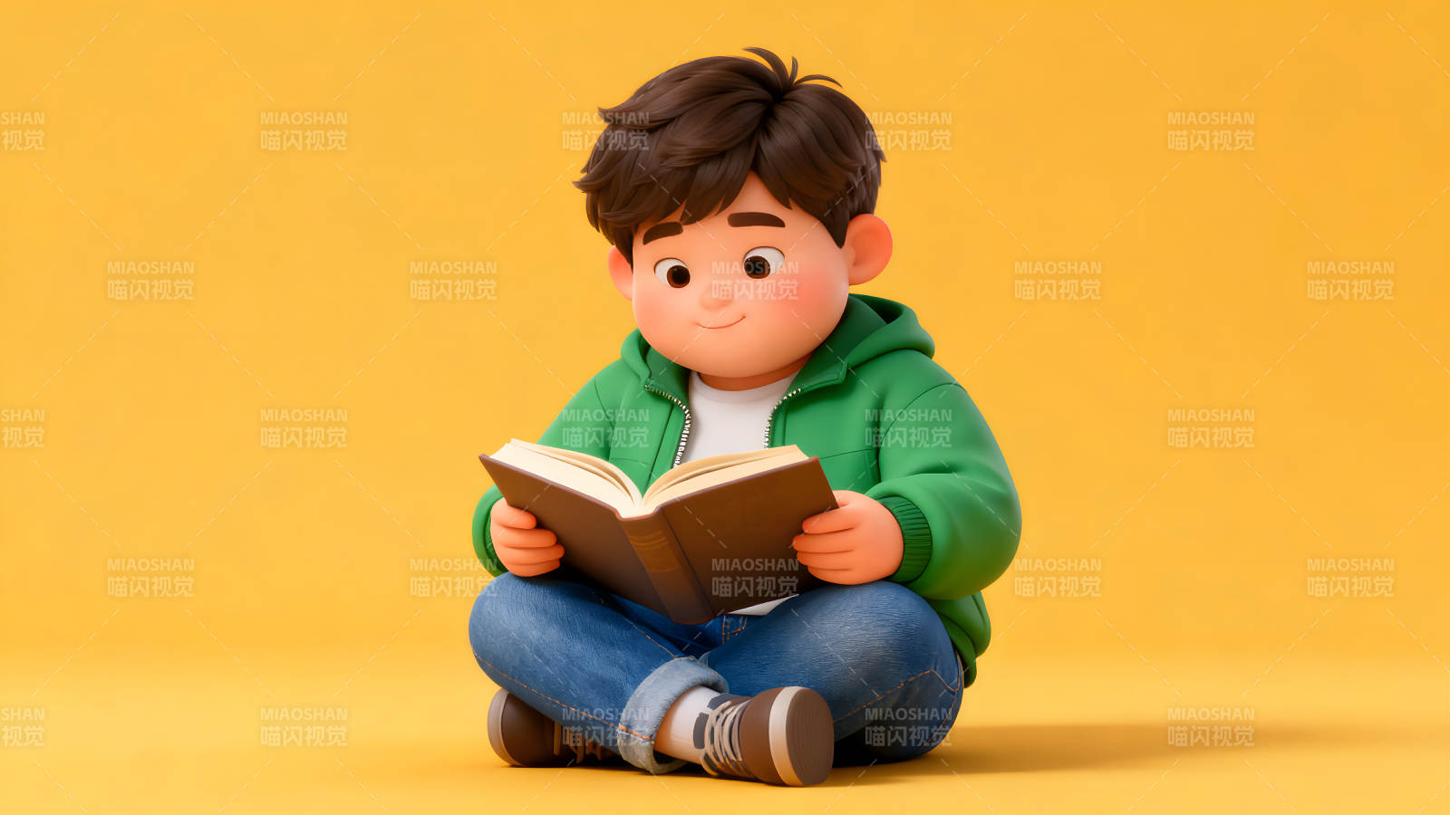 卡通男孩阅读书籍黄色背景图片