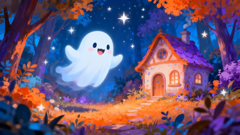 可爱幽灵与小屋在森林里闪耀着光芒-图片