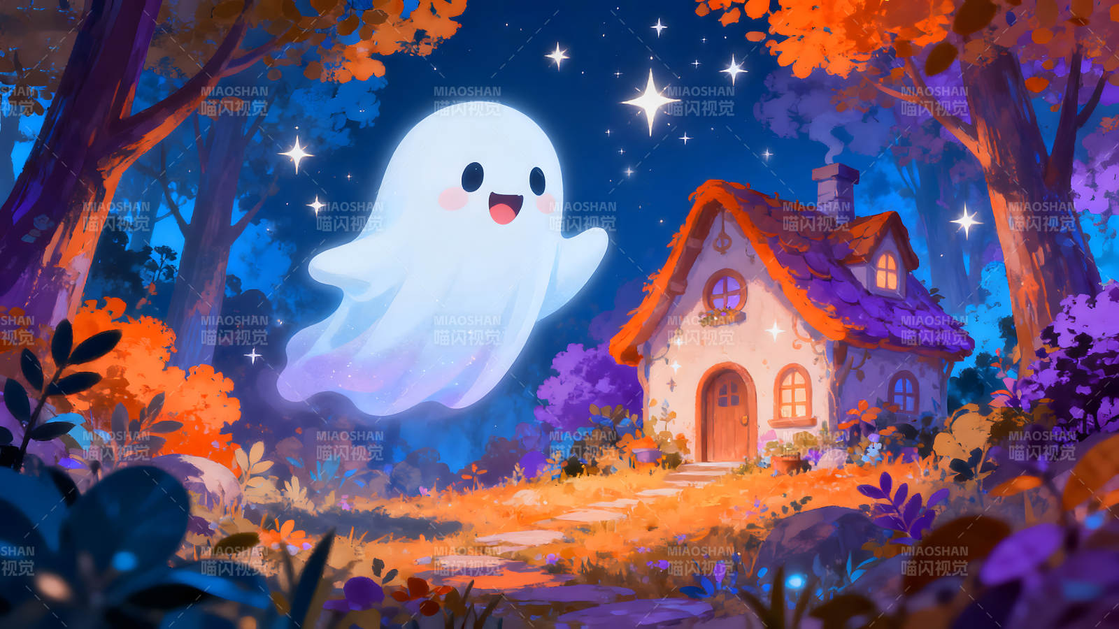 梦幻森林中的可爱小幽灵-图片