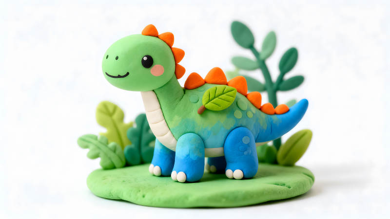 可愛的黏土恐龍和綠色植物-圖片