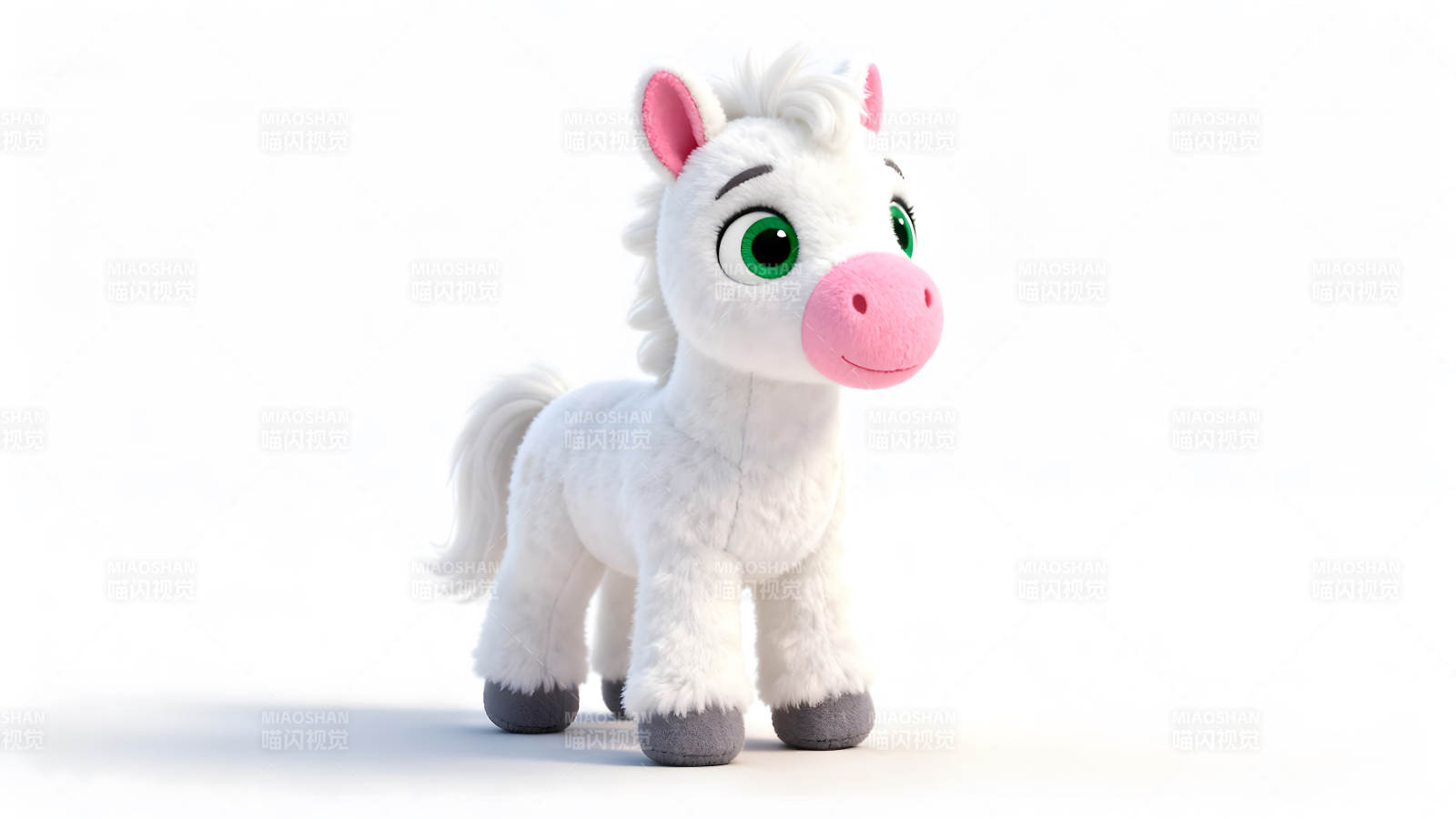 毛茸茸的小马玩具摆放在纯净的背景图片