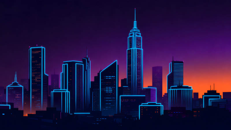 霓虹燈城市夜景藍光勾勒建筑剪影-圖片