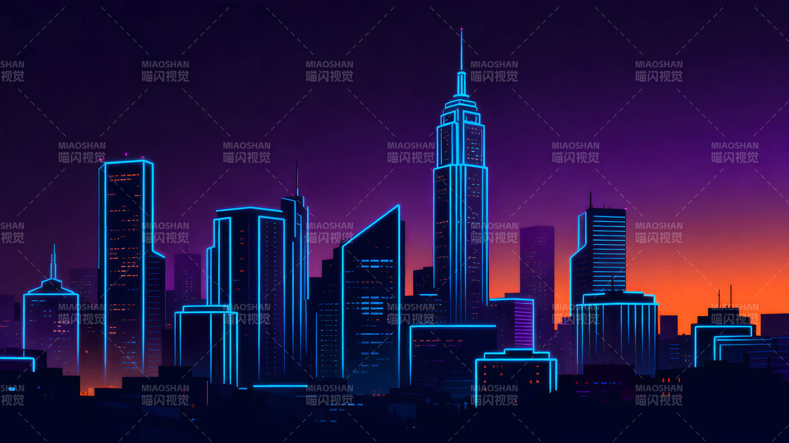 霓虹燈城市夜景藍(lán)光勾勒建筑剪影-圖片