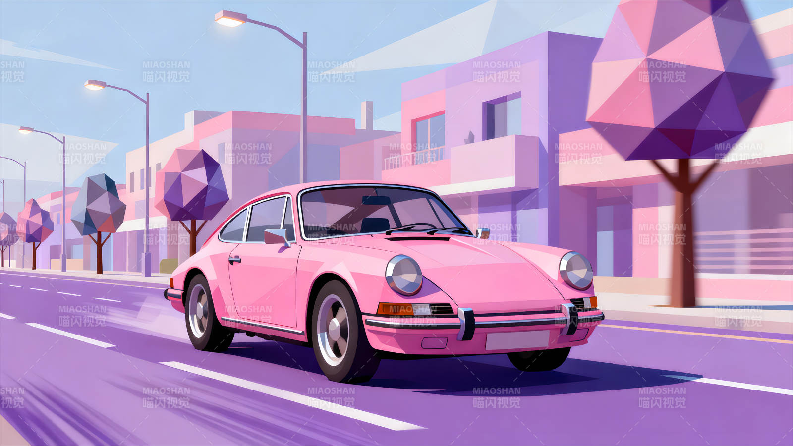 粉色复古跑车行驶在粉色街道-图片