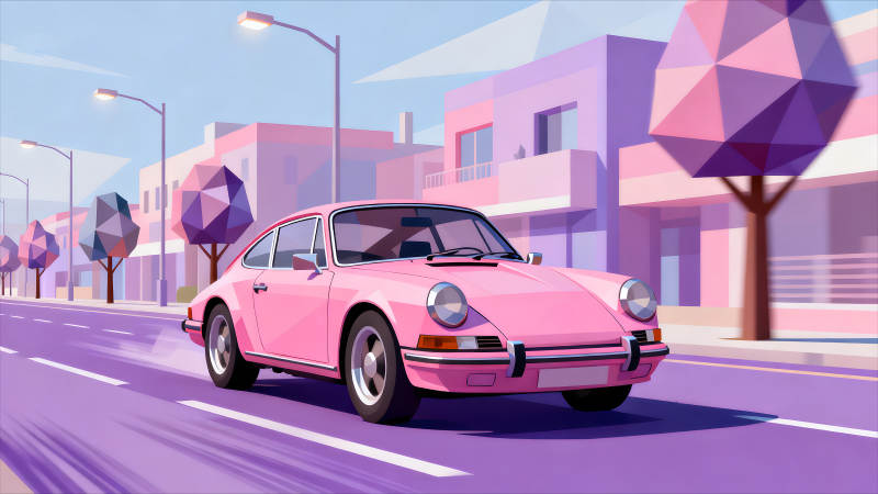 粉色复古跑车行驶在粉色街道-图片