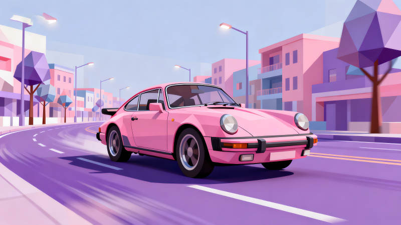 粉色跑车行驶在城市道路上图片