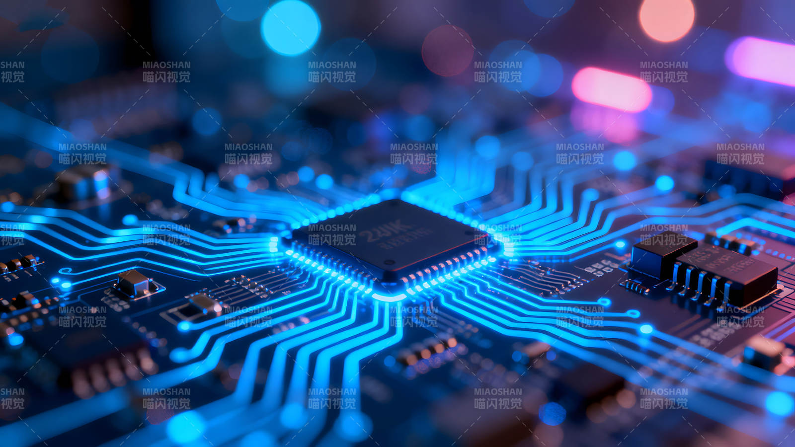 電路板細節特寫發光線路與芯片圖片