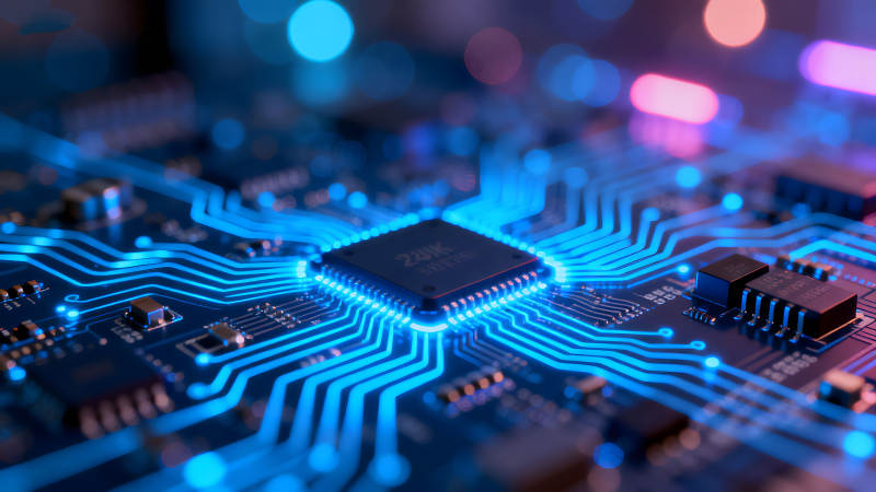 电路板细节特写发光线路与芯片-图片