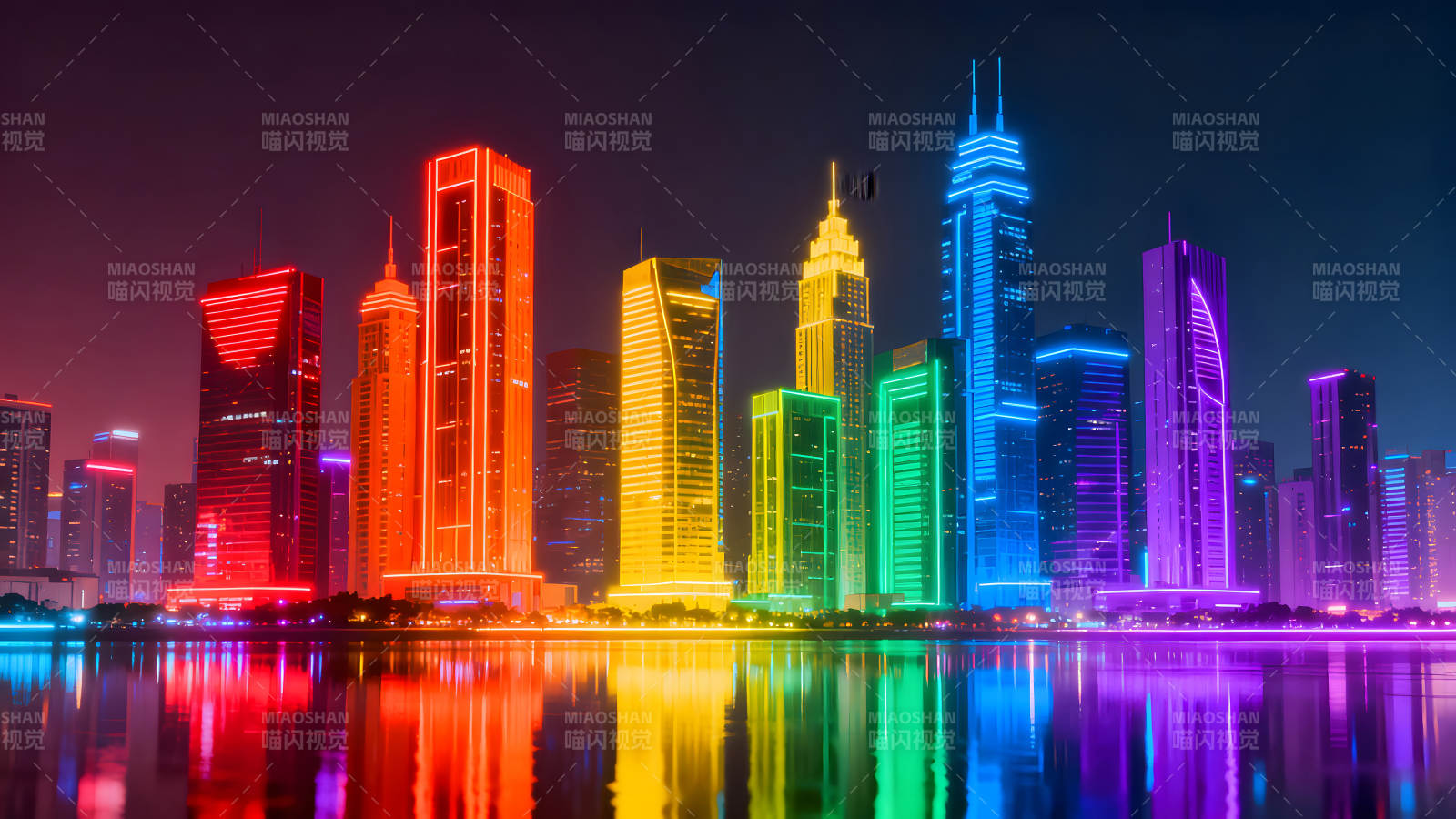 彩虹城市夜景霓虹灯光辉映水面-图片