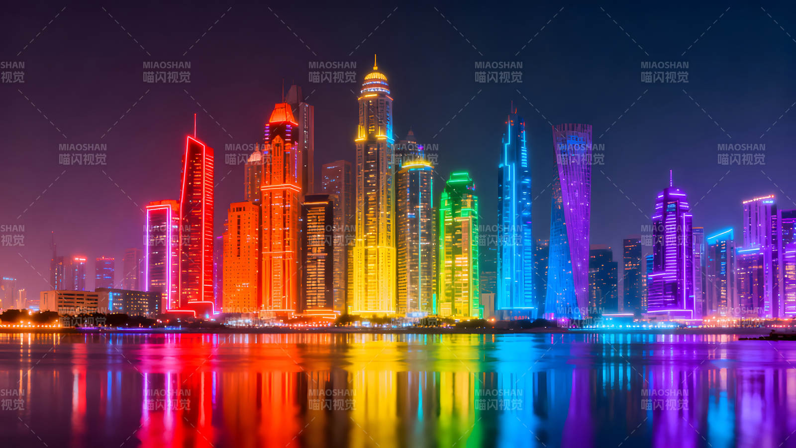 夜幕下的彩虹都市剪影-图片