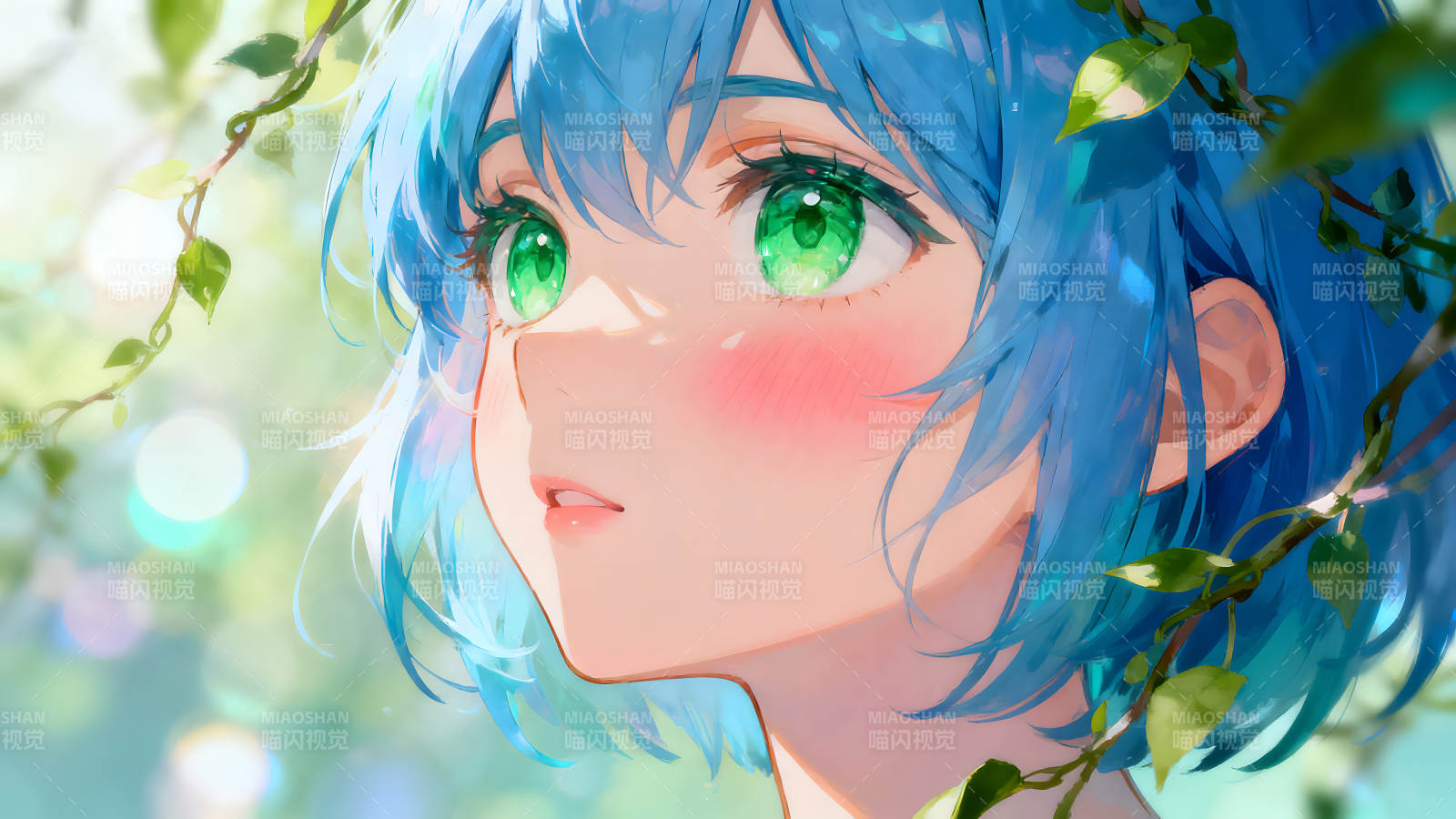 動漫少女凝視遠方背景綠葉-圖片