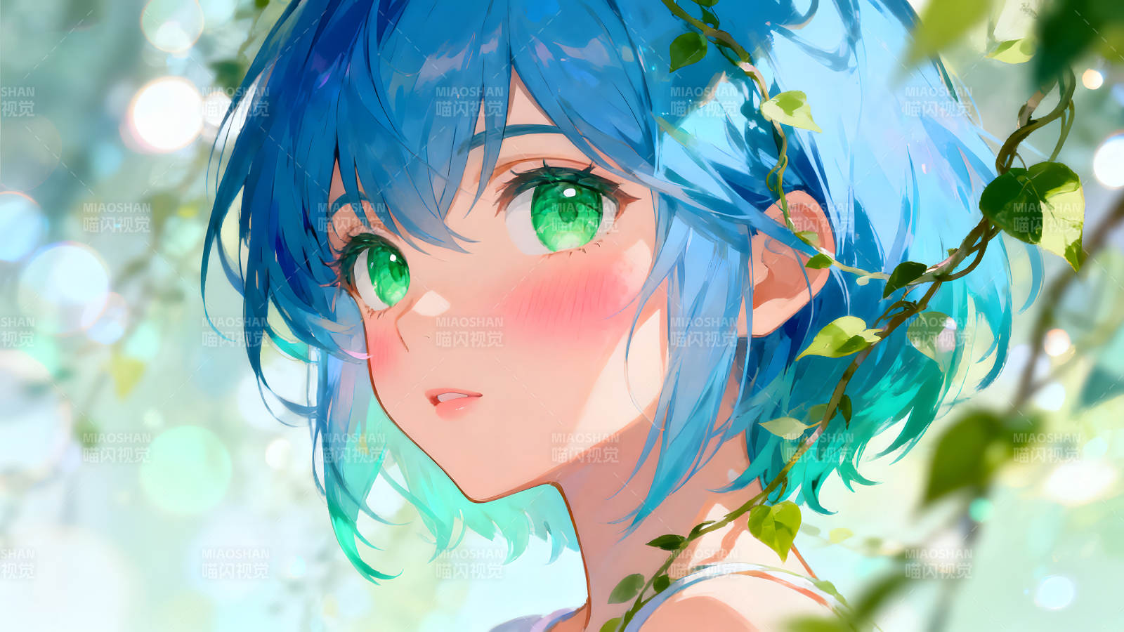 动漫女孩在绿色背景里美丽动人-图片