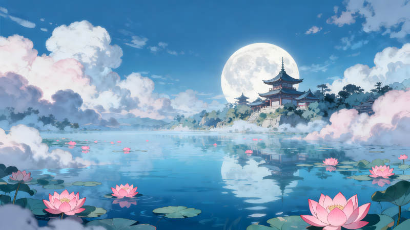 夜晚湖泊中的寺廟與蓮花-圖片