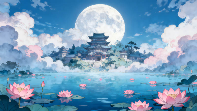 水畔宮殿月夜美景-圖片