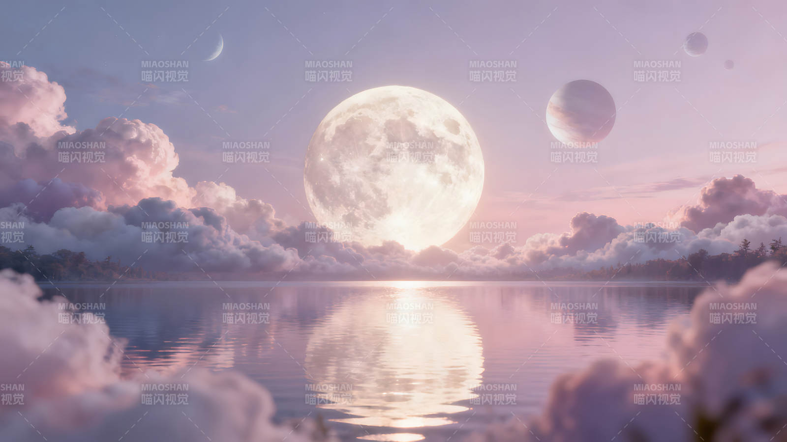 梦幻般的月亮和星球映照在水面上-图片