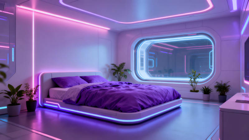 未来主义卧室紫色色调充满科技感-图片