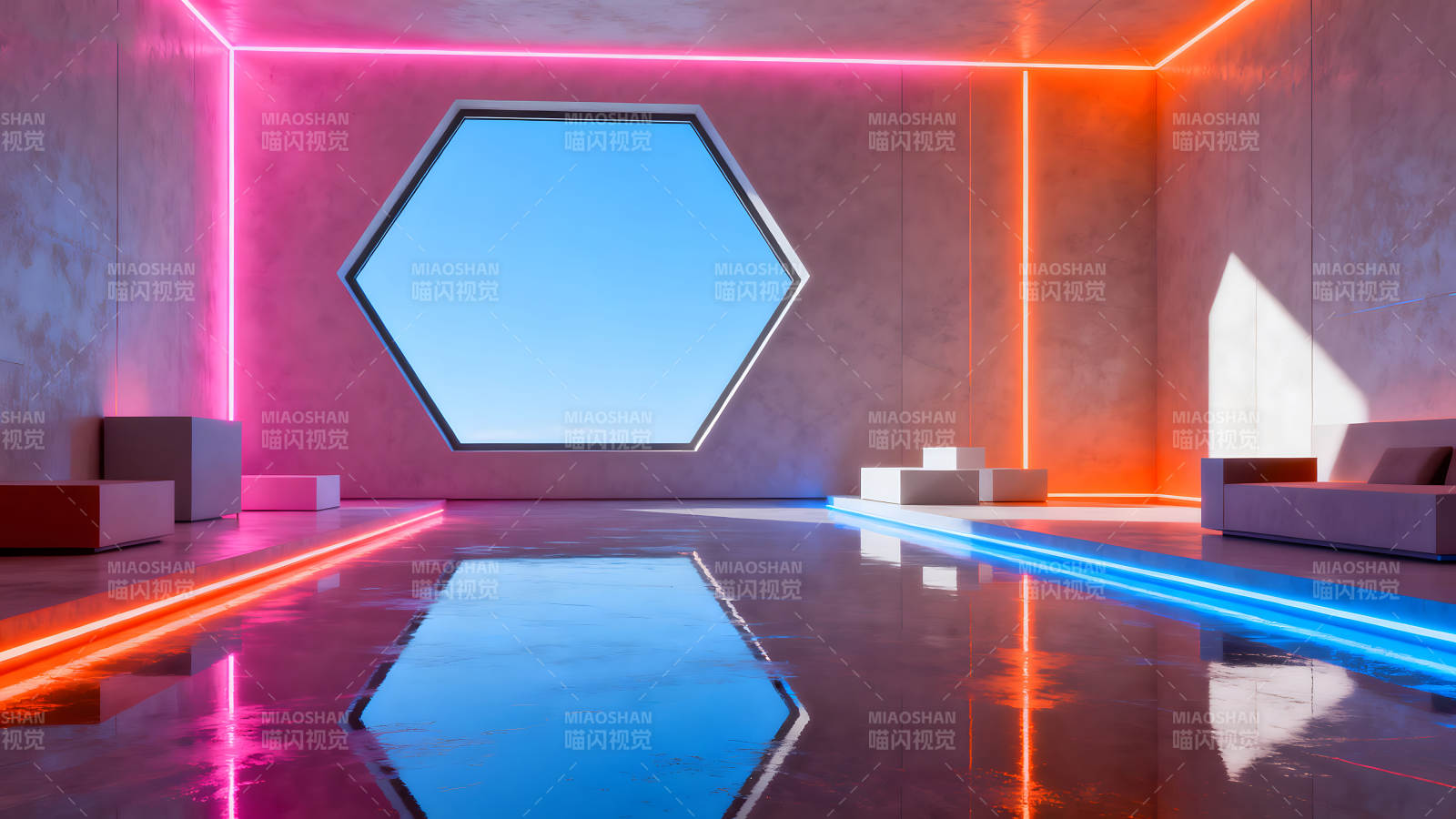 未來主義風格的房間具有鮮艷燈光和反射地板圖片