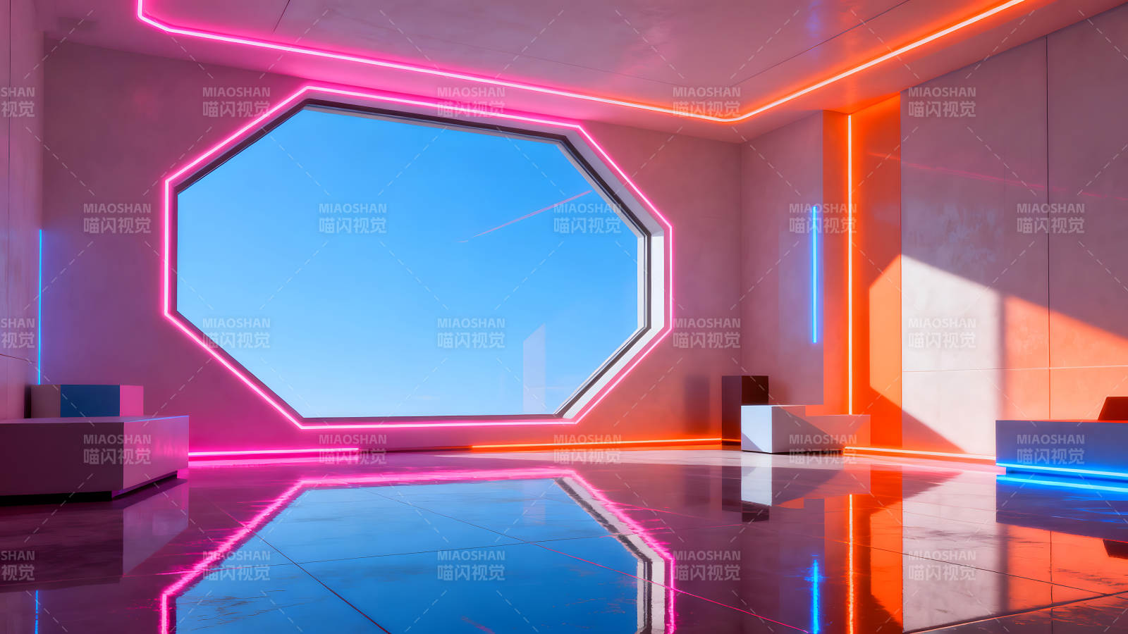 未来风格的室内设计光线和倒影交织图片