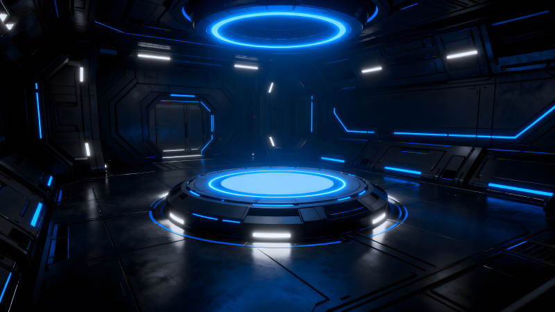 未來科技感空間場景藍色光效與平臺-圖片