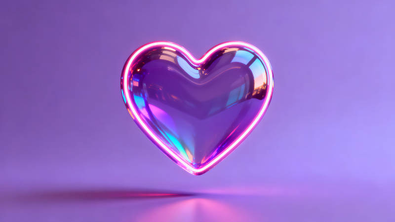 发光的3D心形悬浮在紫色背景上-图片