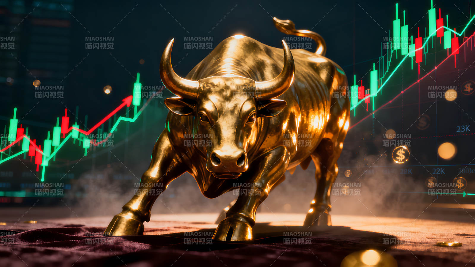 黃金公牛雕塑與股市圖表-圖片