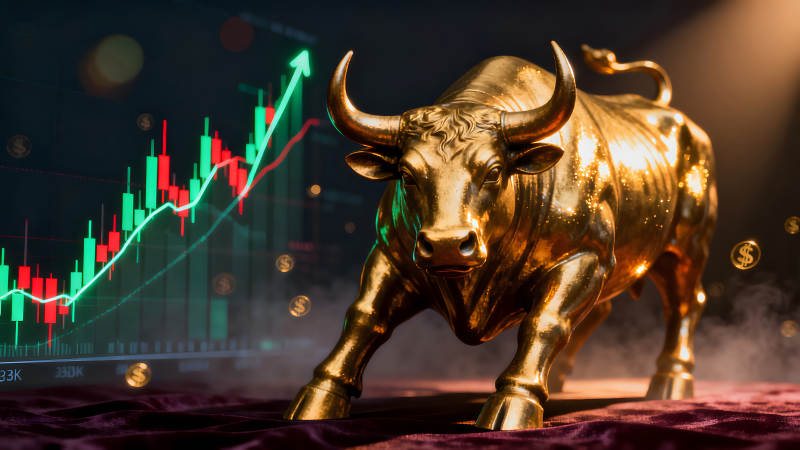 金色公牛與股市圖-圖片