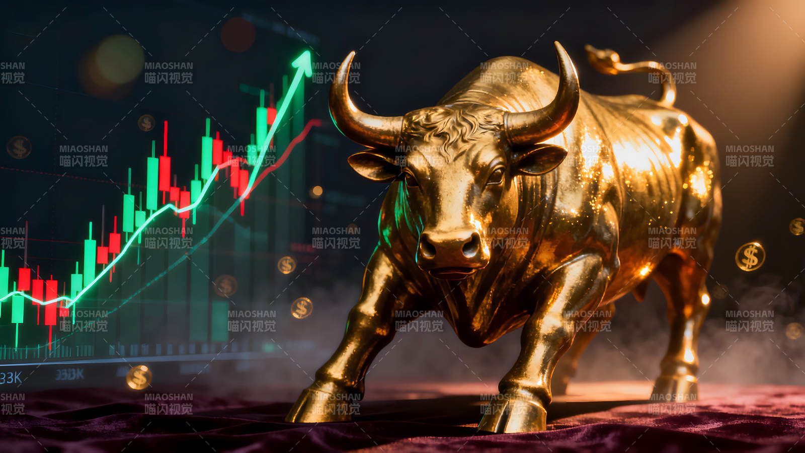 金色公牛與股市圖-圖片
