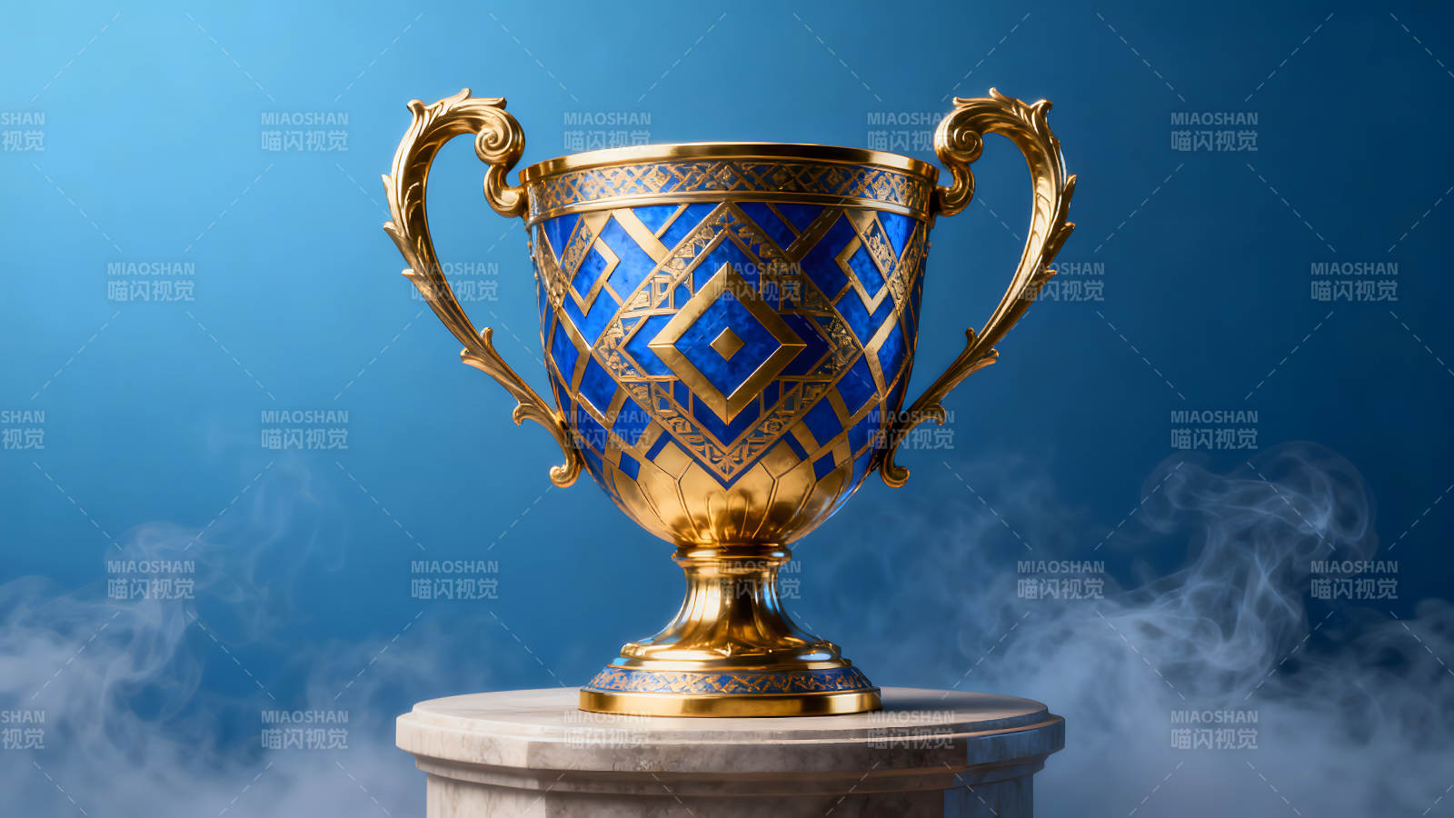 精美奖杯置于石台上蓝色背景-图片