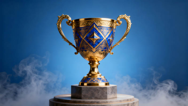 金色奖杯置于蓝色背景之上-图片