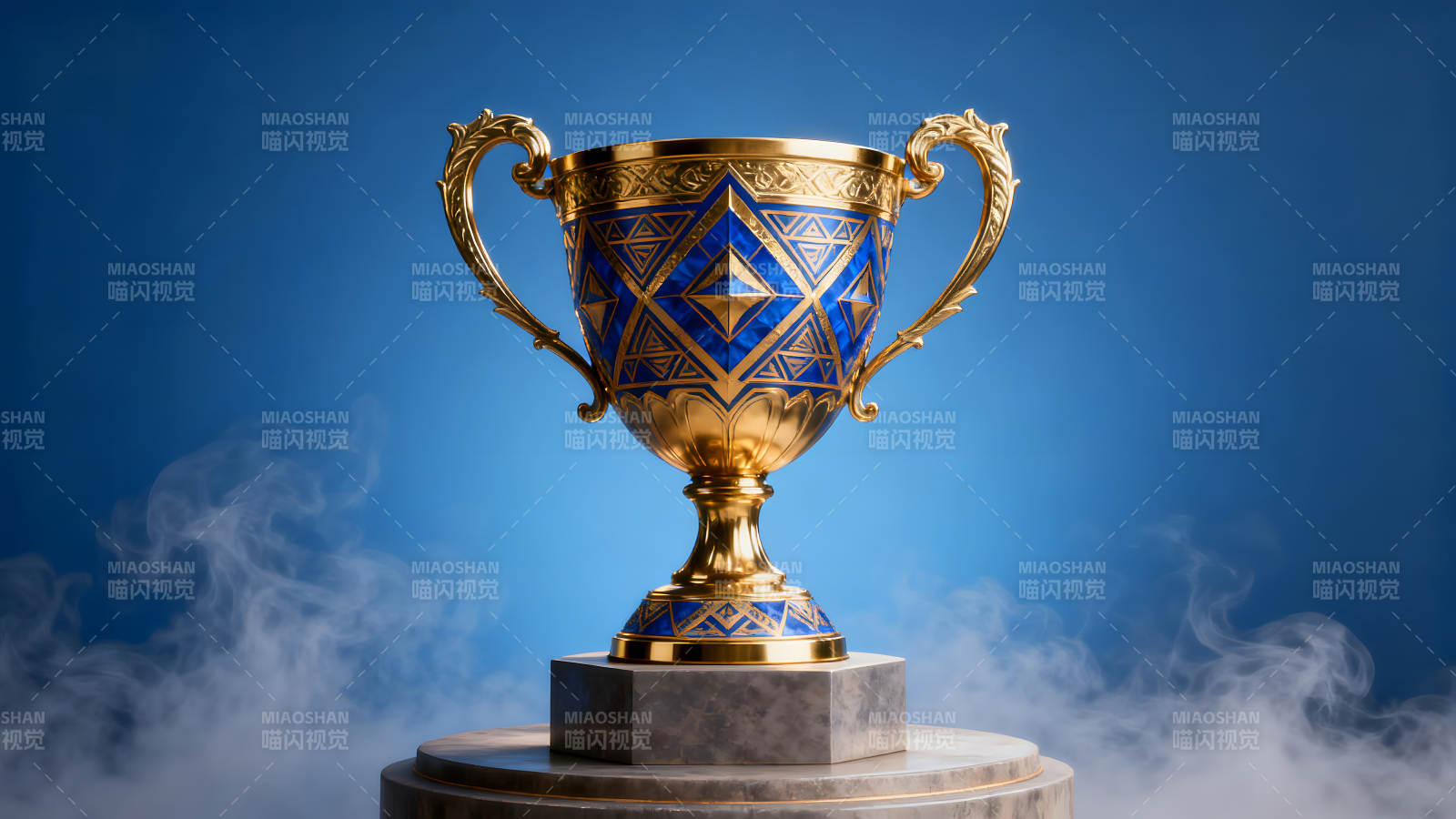 金色奖杯置于蓝色背景之上-图片
