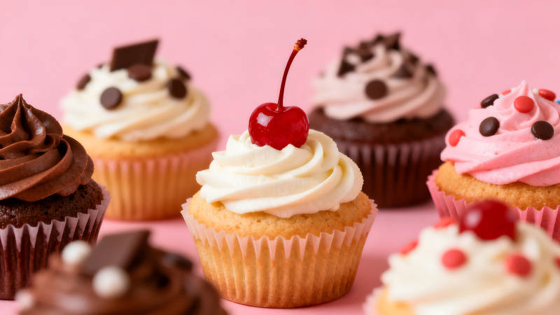 美味的紙杯蛋糕特寫與背景-圖片