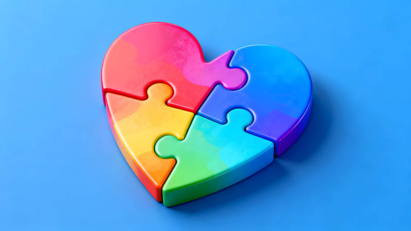 心形拼图色彩鲜艳组合蓝底-图片