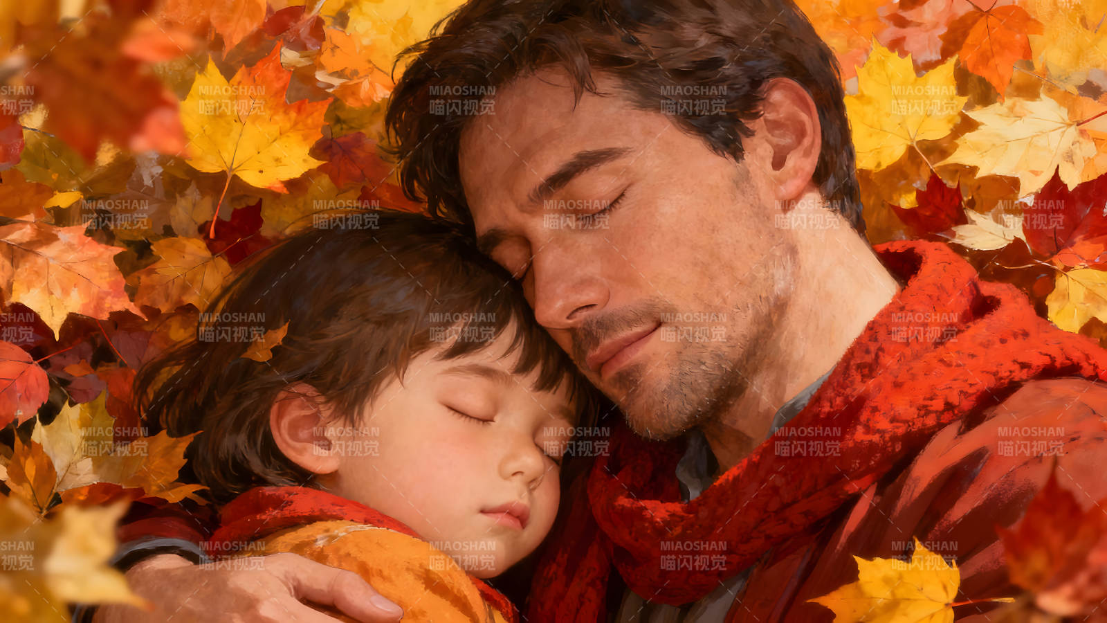 父子依偎在落葉中-圖片