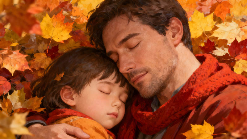 父子依偎在落葉中-圖片