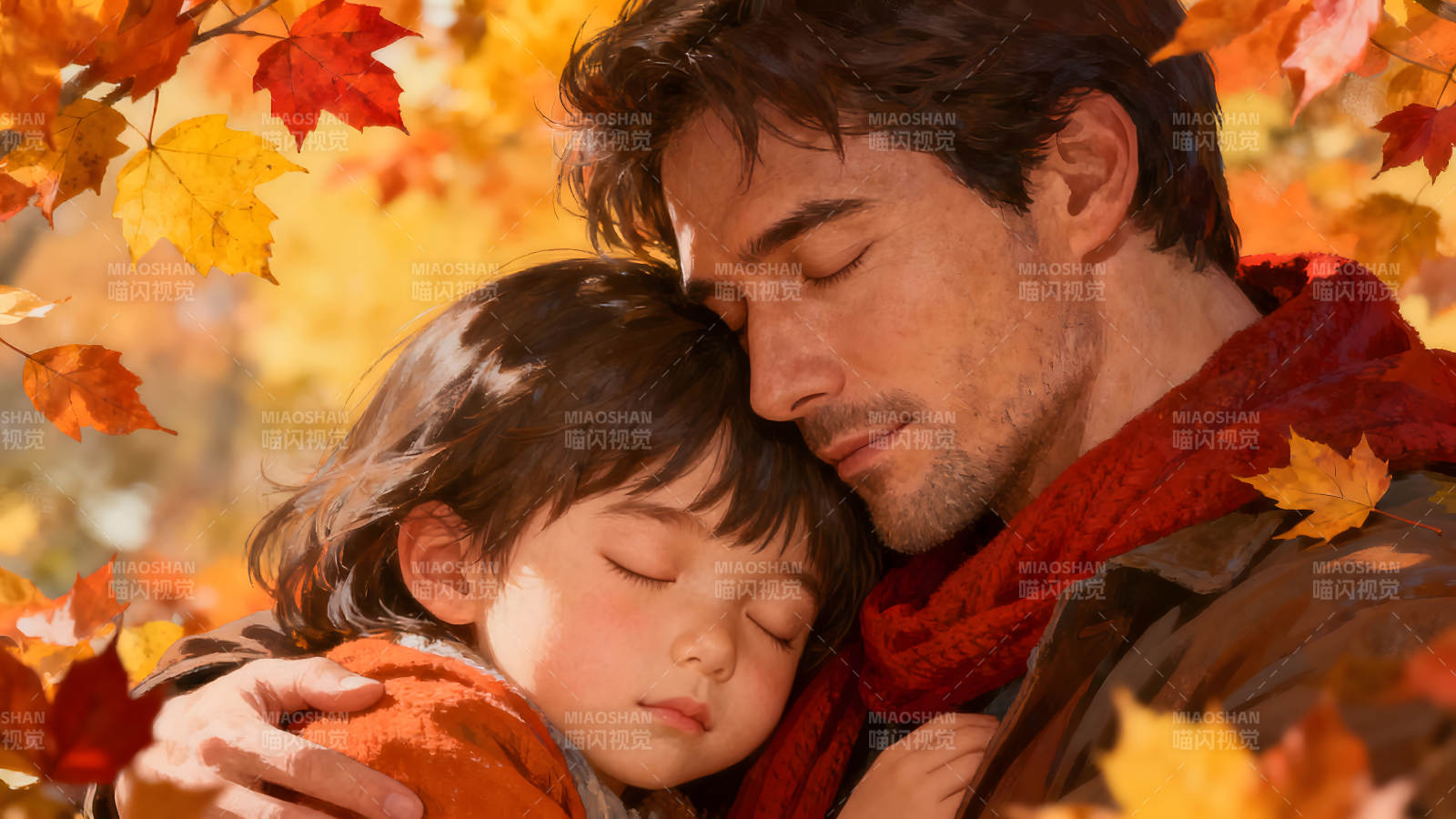 秋日父女相擁溫暖治愈-圖片