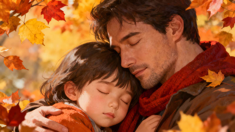 秋日父女相擁溫暖治愈-圖片