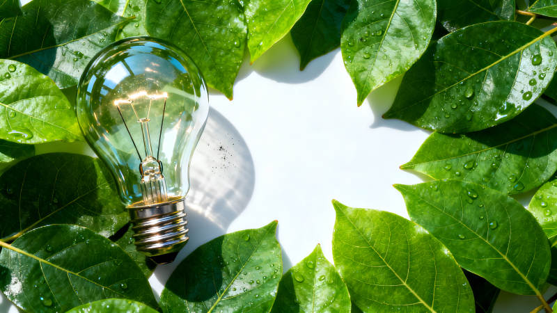 环保节能的灯泡和绿色叶子-图片