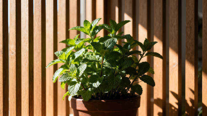 阳光下的薄荷盆栽-图片