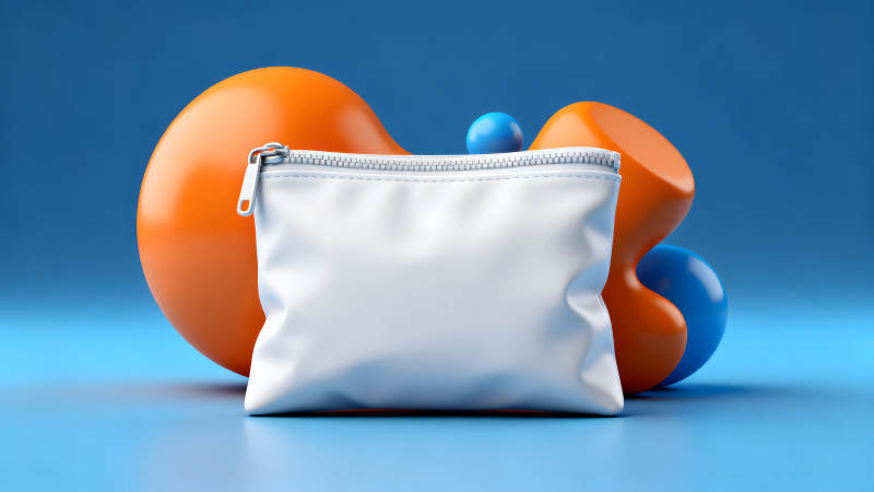 白色收纳袋与抽象橙色蓝色背景组合-图片